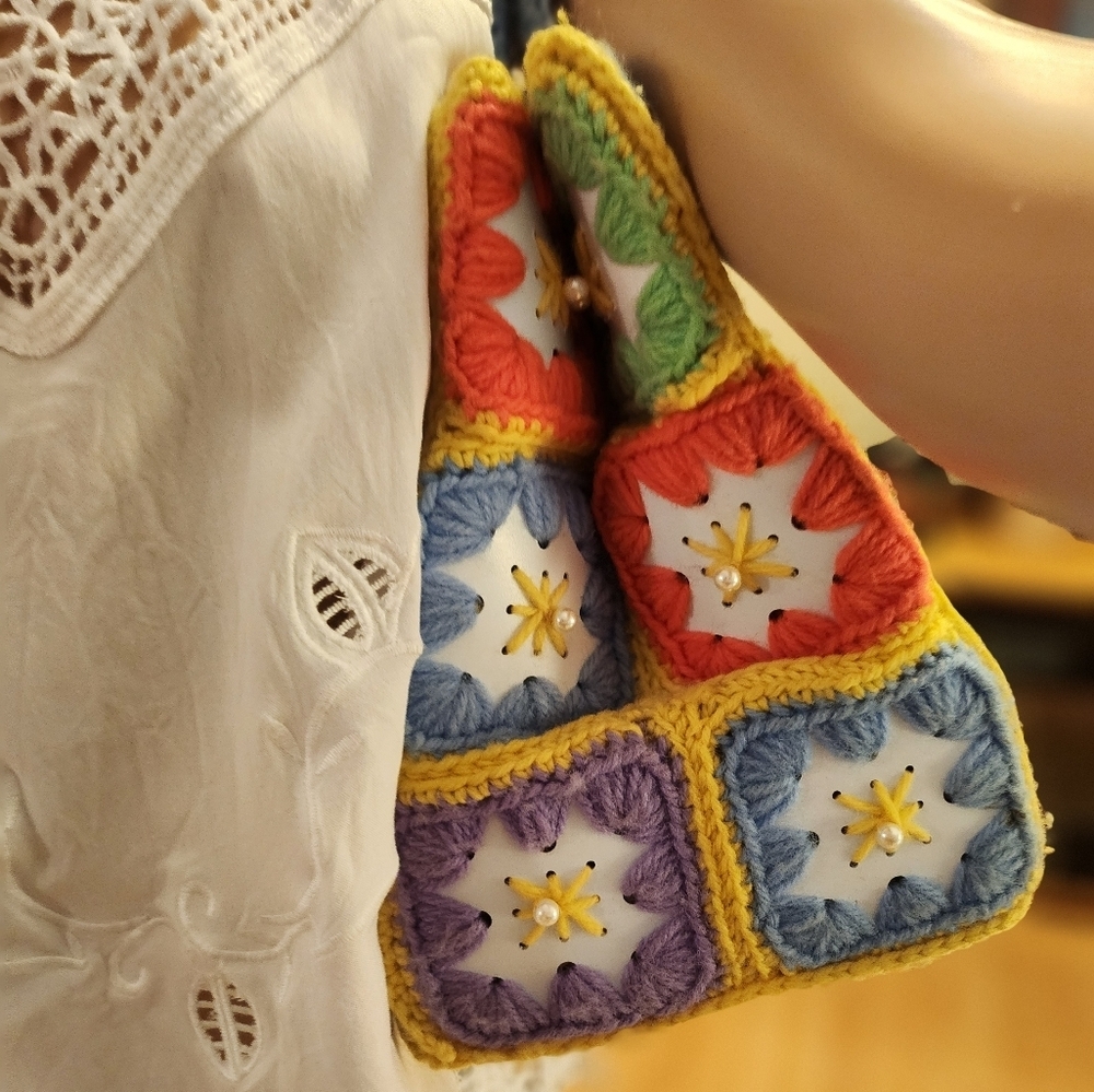 Bohemian VINTAGE  Colorful CRAFTED Crochet Tote Bag - Picture 7 of 16